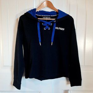 TOMMY HILFIGER SPORT Black & Blue Lace Up Detail Hoodie